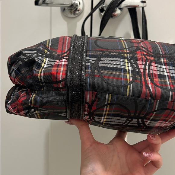 Coach (EUC) Poppy Black and Red Plaid Tote with Black Sequin Trimming & Handles - Picture 7 of 15
